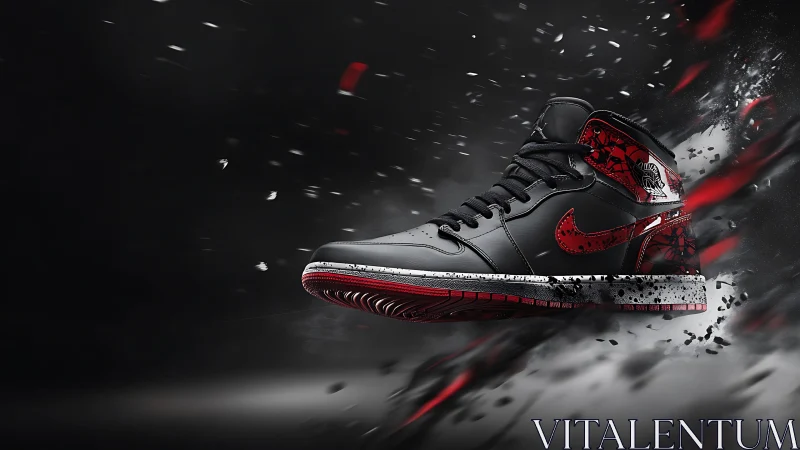 Explosive black and red sneaker in dynamic motion burst.