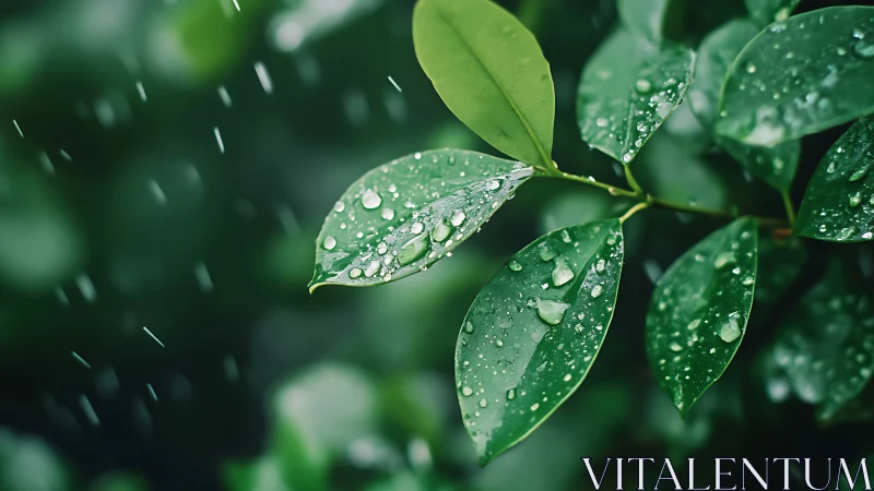 Green leaves with raindrops in close natural environment.