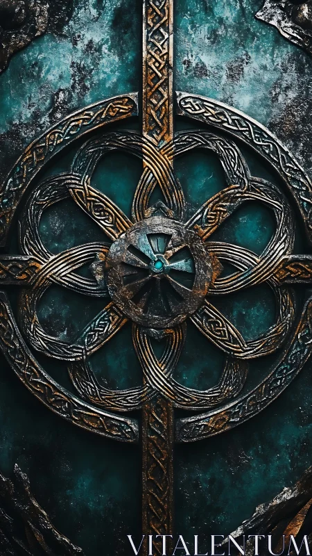 Weathered Celtic shield displays ornate interlaced metalwork