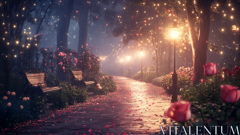 Volumetric-lit rose garden path with benches in misted dusk.