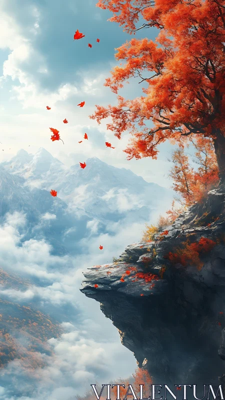 Autumn maple on clouded cliff edge above alpine mountain range