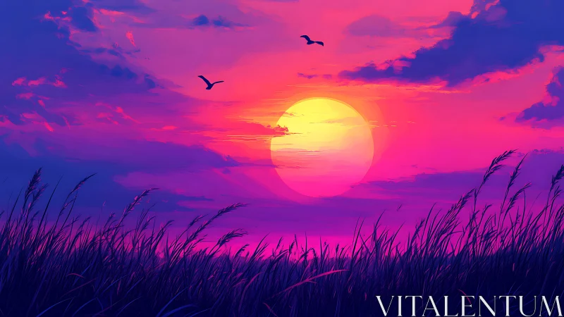 Neon twilight sun melts over dream-tinted coastal reeds.