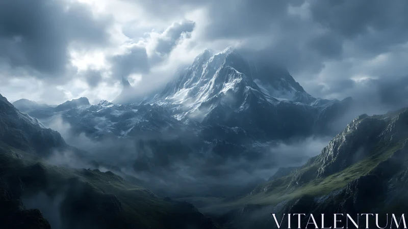 Storm-lit alpine peak rises above mist-filled valley.