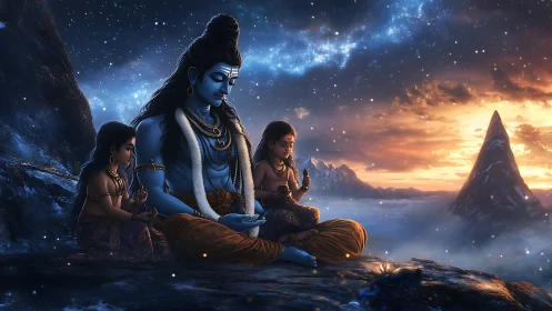 Blue-skinned deity meditating on mountain ridge at sunrise