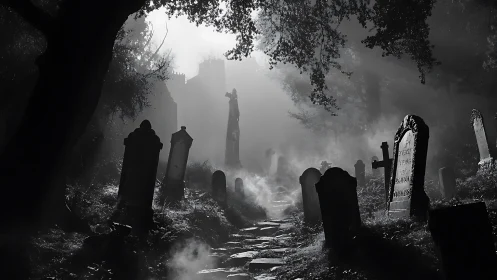 High-contrast graveyard pathway in moody monochrome lighting.
