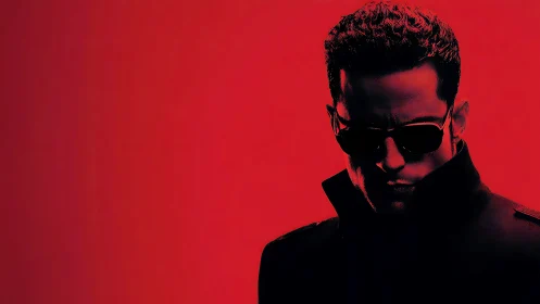 Shadowed cool on a bold red stage of mystery and style.