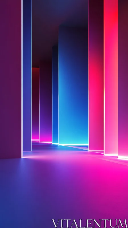 Neon corridor of glowing panels in vivid gradient light.