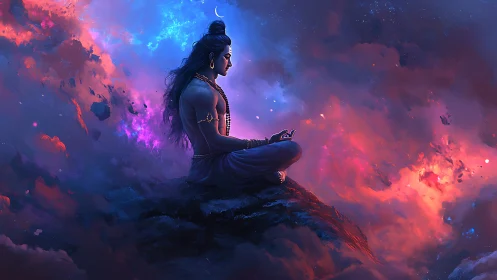 Mystic deity meditation amid vibrant cosmic nebula sky.