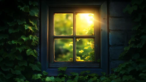 Golden garden light framed by a quiet ivy-clad window.