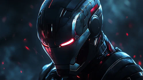 Futuristic armored humanoid helmet glows with red light