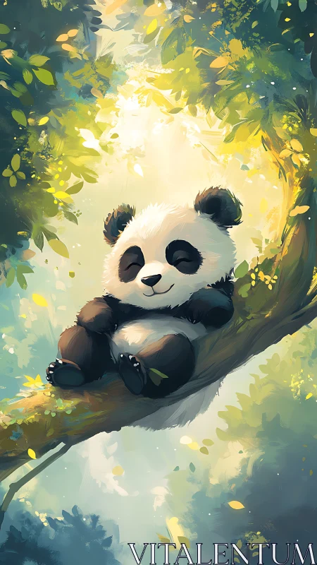 Sleeping panda cub on sunlit forest tree branch art
