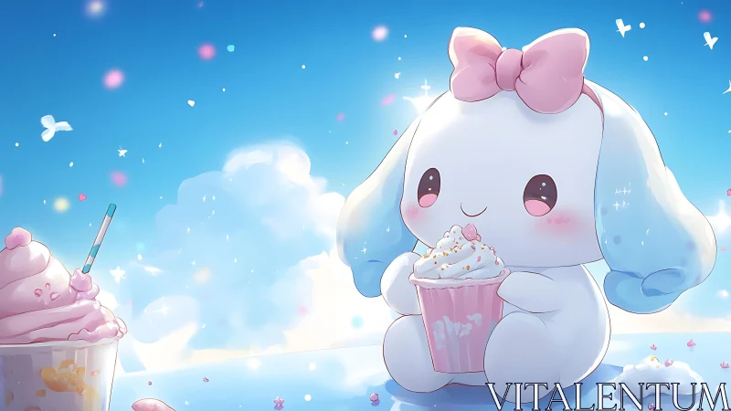 Sweet cloud bunny sharing pastel cupcakes under sunlight.