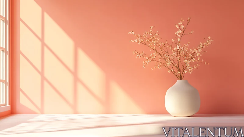 White ceramic vase with flowers against peach wall.