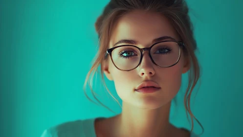 Digital portrait of a young woman with glasses in teal light