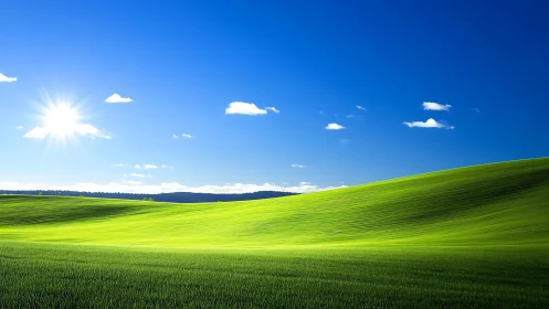 Sunlit green hills quietly ripple beneath an electric blue sky