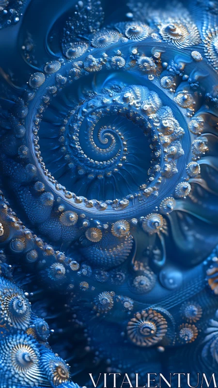 Helical blue fractal spiral with metallic microstructure detailing