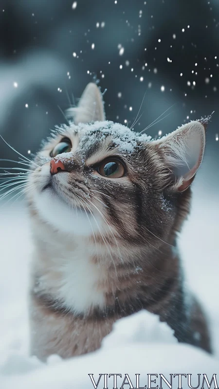 Cat Catches Snowflakes in Winter.