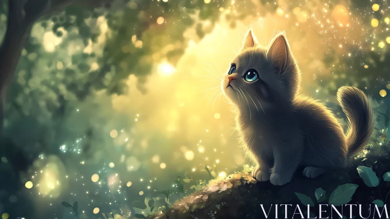 Luminous kitten gazes upward in enchanted forest setting.
