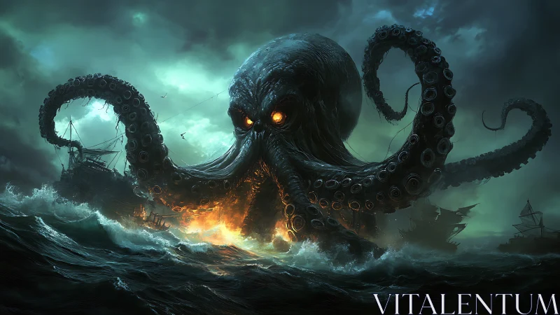 Colossal sea monster attacks burning ships at night.