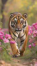 Calm tiger strolls a flower-lined path in warm forest light