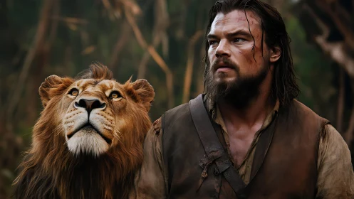 Bearded man with lion in detailed wilderness scene