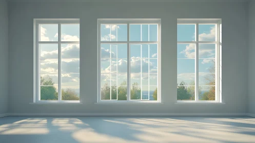 Sunlit empty interior framed by three large vertical windows