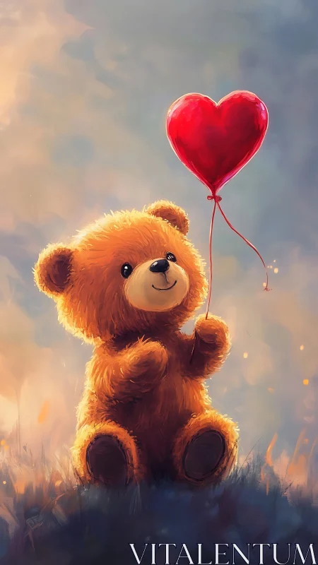 Small teddy ambassador lifts a glowing heart balloon skyward