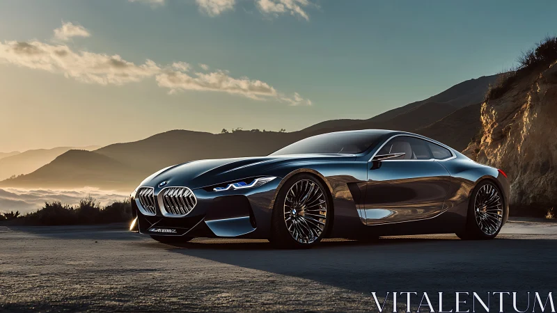 Photorealistic metallic coupe with sunset coastal backdrop.