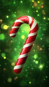 Glowing red candy cane against festive green bokeh field.