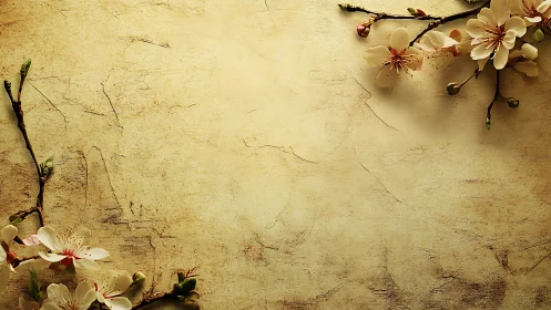 Cherry blossom branches frame textured beige background