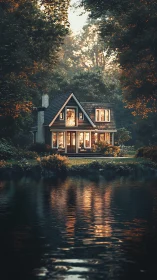 Cozy lakeside cottage glows warmly in the hush of sunset