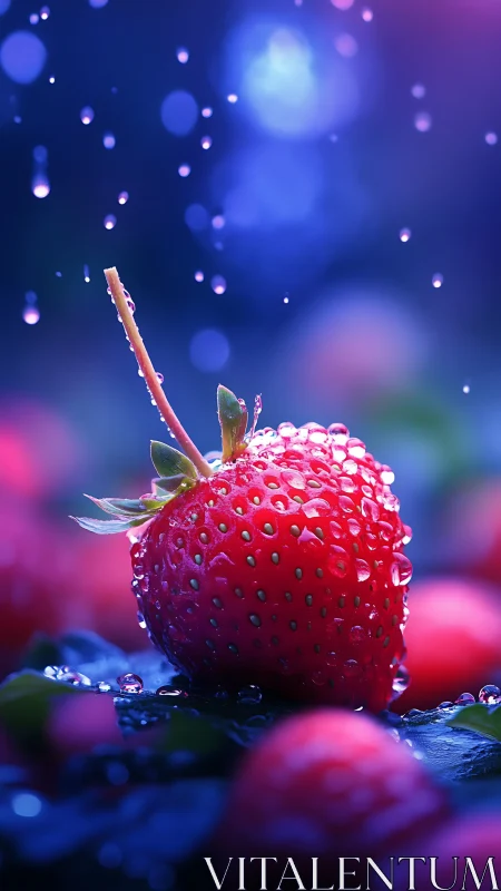 Strawberry sits in macro close-up under falling water droplets