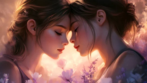 Two figures in profile within luminous floral environment