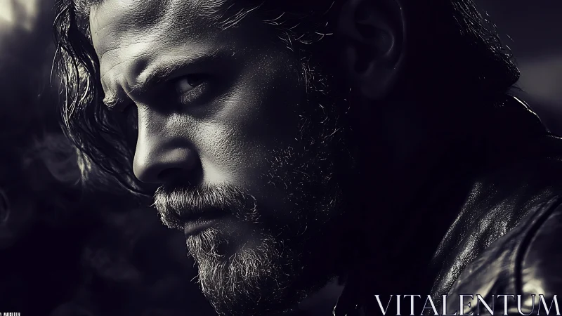 Brooding bearded man in dramatic monochrome closeup portrait.