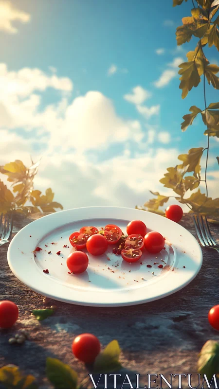 Sunlit cherry tomatoes on rustic plate under open sky.