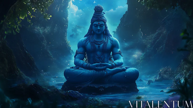 Moonlit Blue Shiva meditates in a river of quiet starlight.