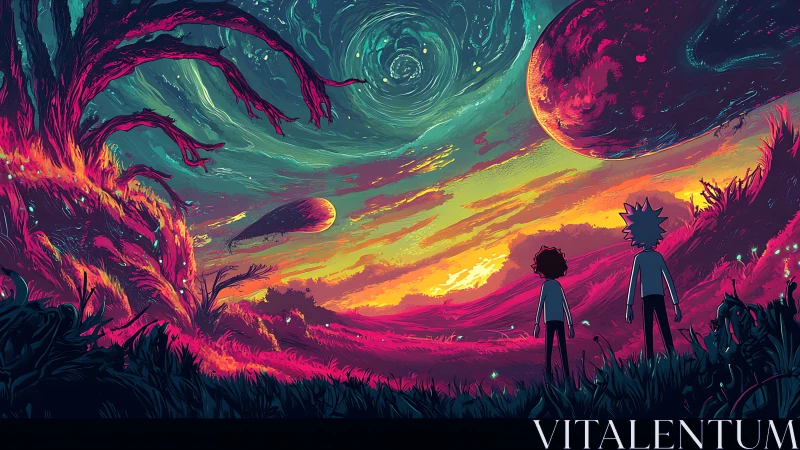 Two explorers gaze into a neon cosmic storm sky