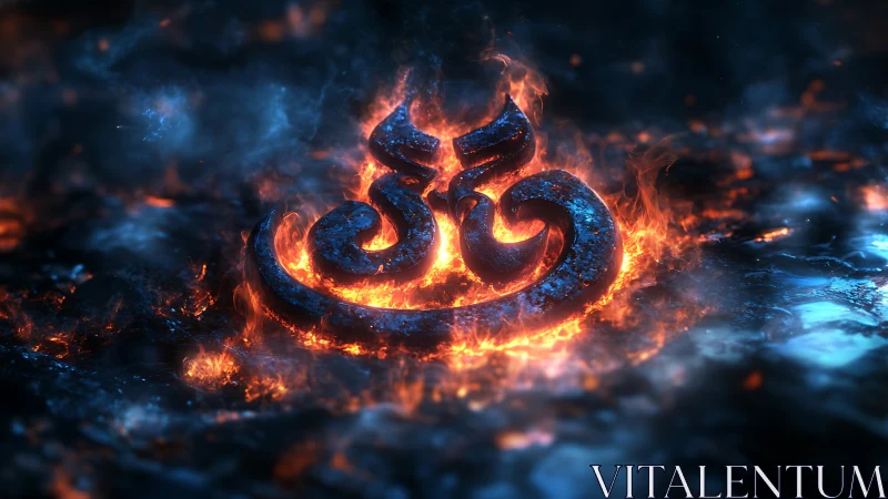 Molten Om symbol burns within luminous blue molten ground