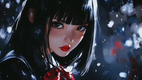 Midnight gaze holds a quiet story in the falling snow