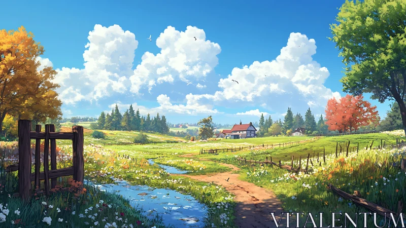 Rural dirt path crosses flowering meadow toward distant houses