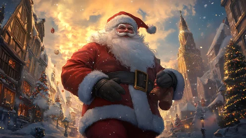 Jolly Santa strolls through a glowing snowy Christmas town
