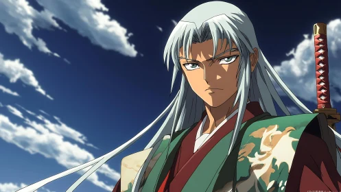 Silver haired samurai warrior in patterned haori under vivid sky