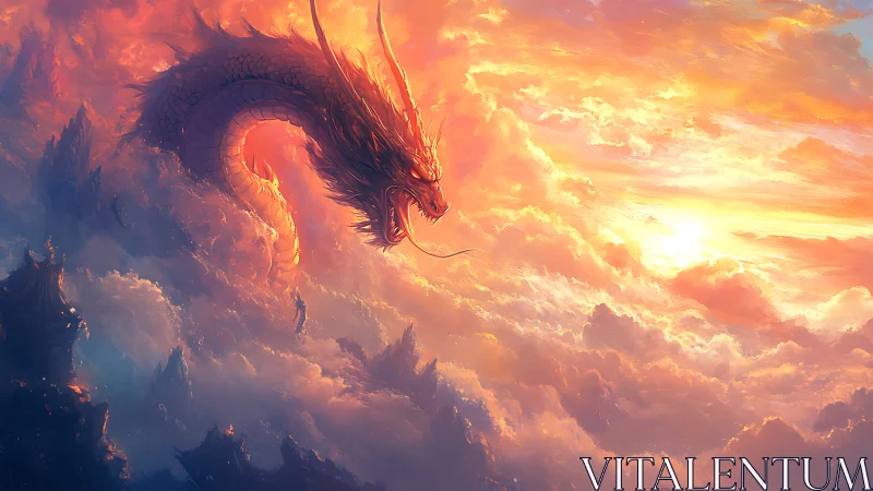 Skyfire dragon greeting dawn above glowing cloud peaks.