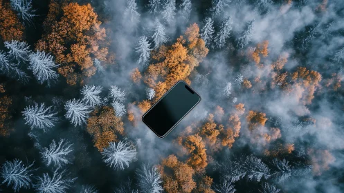 Smartphone suspended above misty autumn conifer forest.