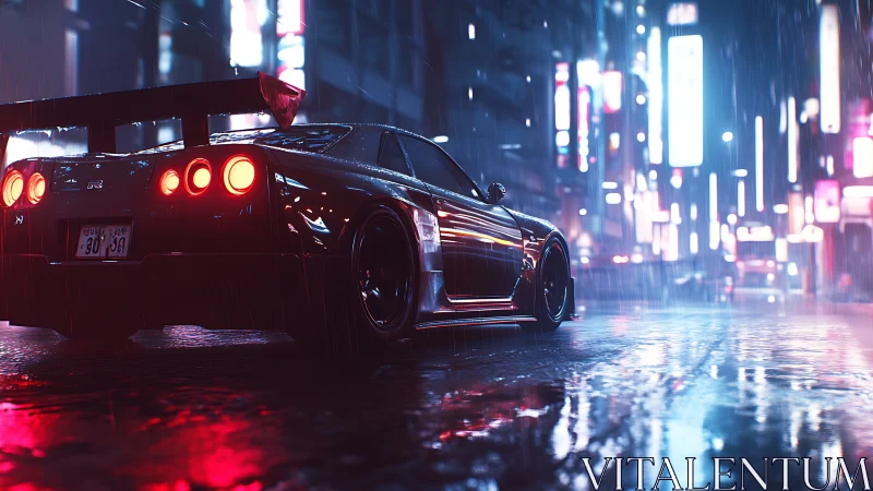 Sleek tuner car waits in neon city streets under heavy rain
