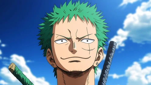 Green haired anime swordsman glares under bright sky.
