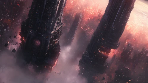 Monolithic cybernetic towers descend through irradiated fog field