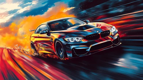 Dynamic sports coupe races through blazing neon highway.