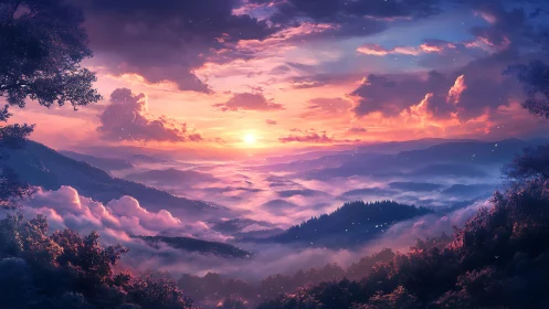 Sunrise illuminates atmospheric mountain valley in ethereal hues