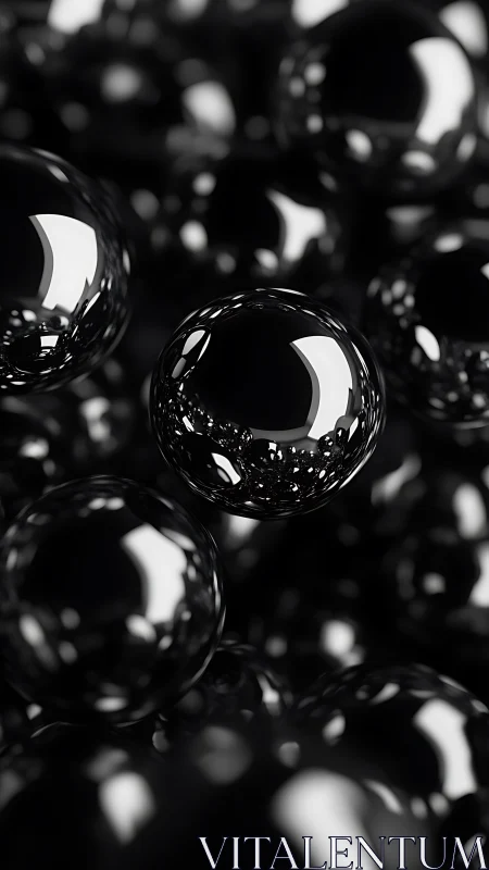 Polished black spheres float in abstract reflective space.